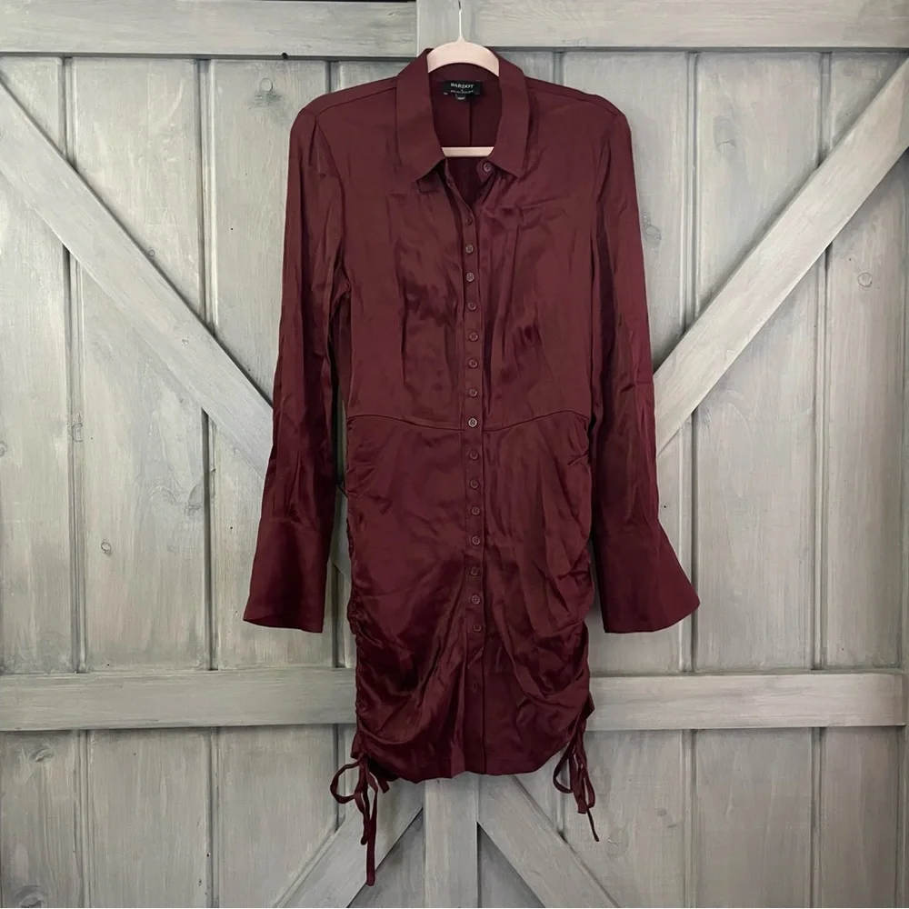Bardot Sui Side Ruched Long Sleeve Minidress Merlot Red Satin Size US‎ 6 - Picture 9 of 14